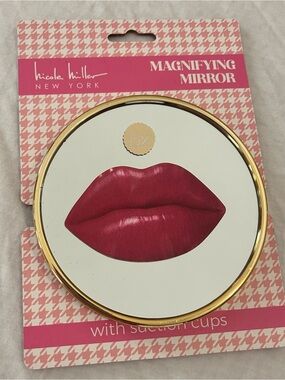 Nicole Miller Gold-Trim Magnifying Mirror with Hot Pink Lip Motif